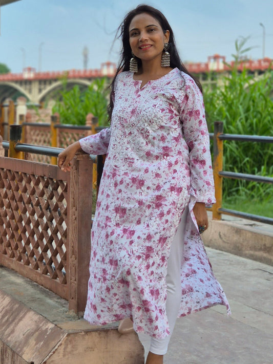 CHIKANKARI FABRIC COTTON LONG KURTI