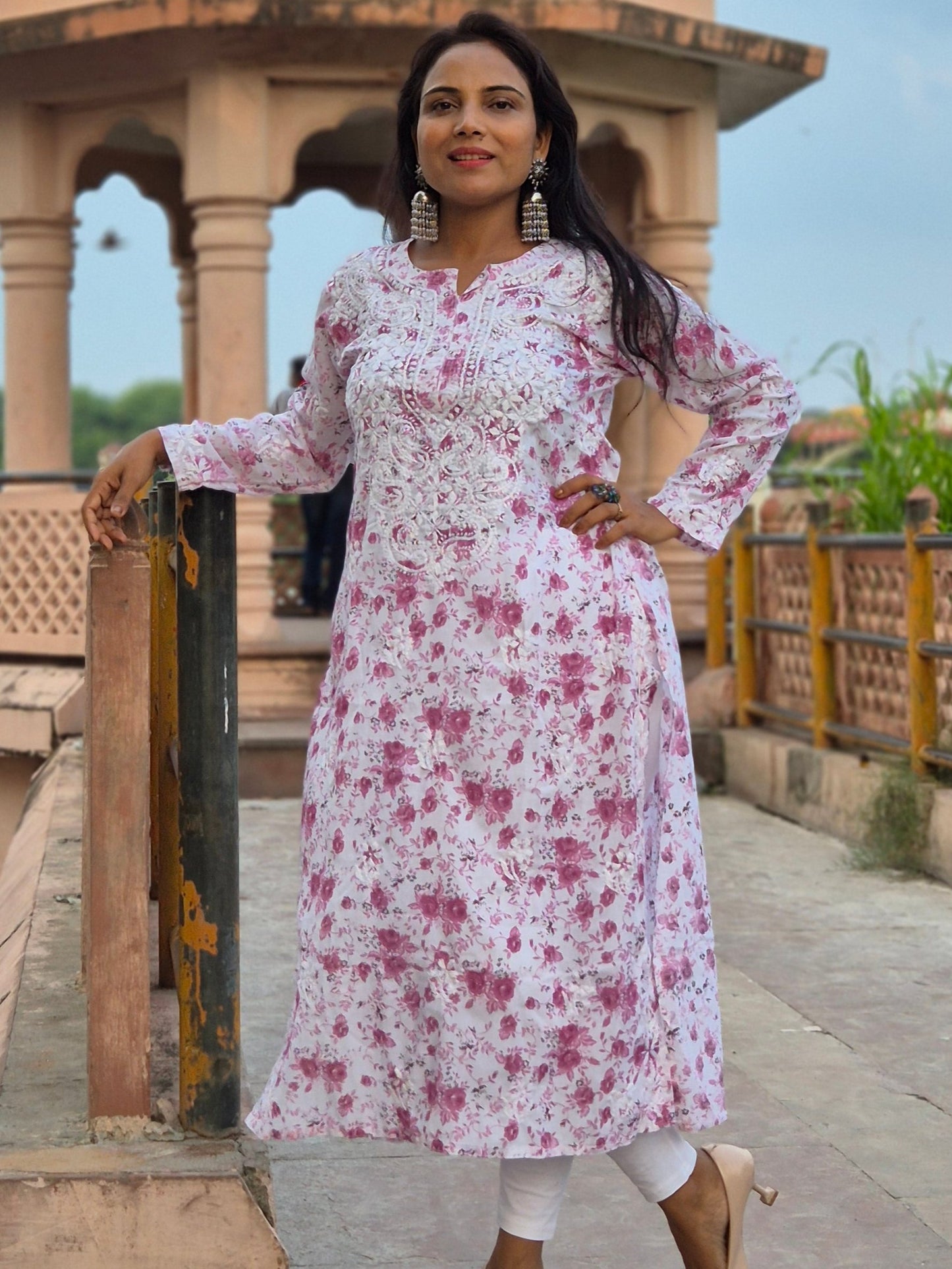 CHIKANKARI FABRIC COTTON LONG KURTI