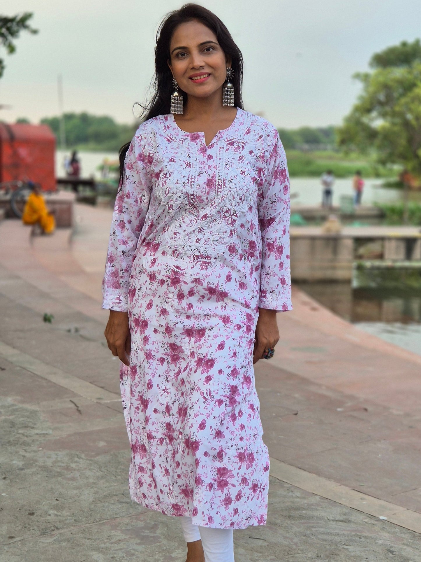 CHIKANKARI FABRIC COTTON LONG KURTI