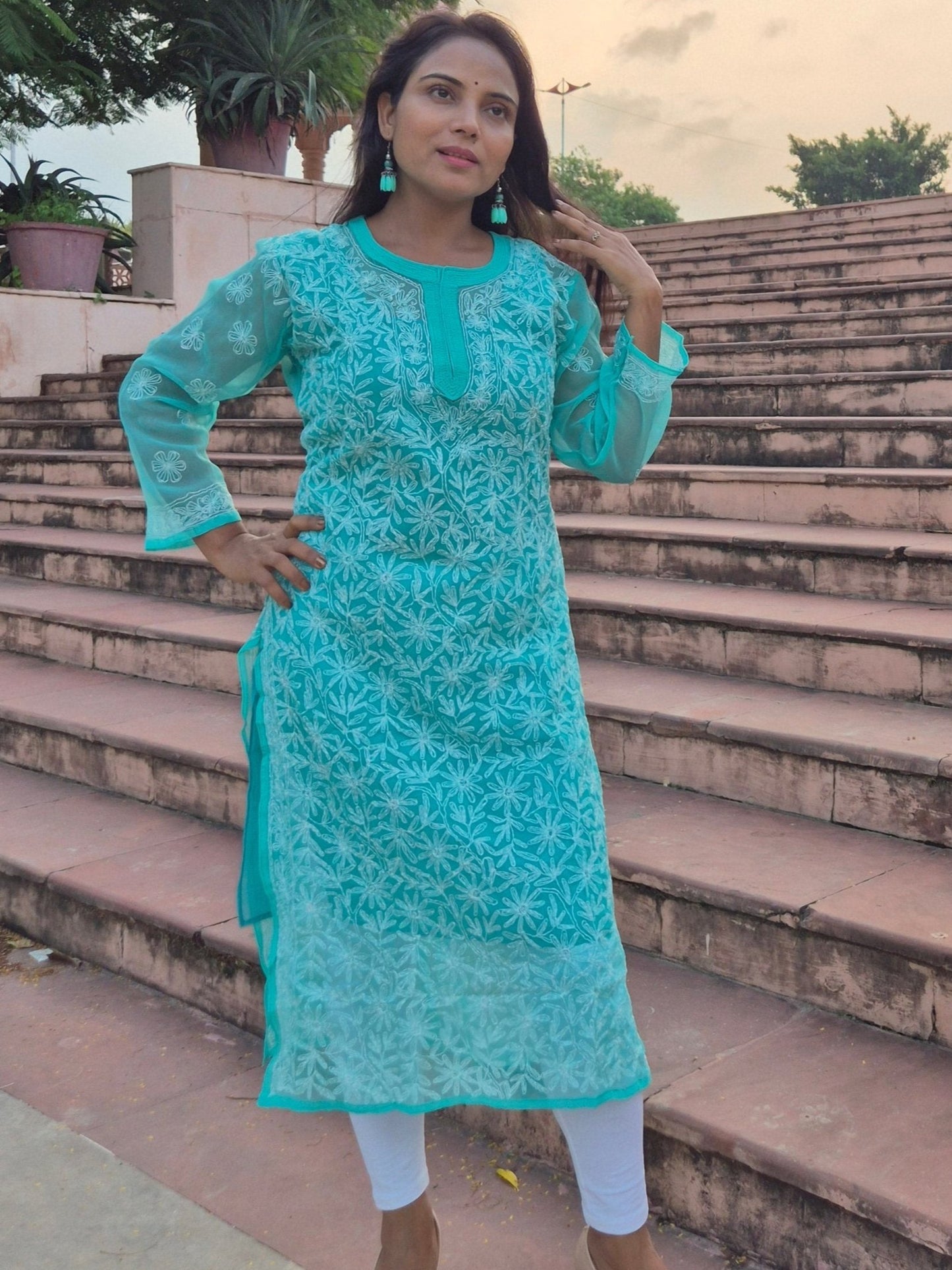 CHIKANKARI GEORGETTE LONG KURTI