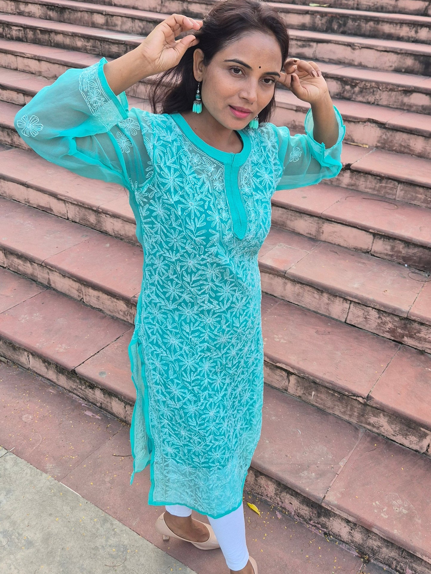 CHIKANKARI GEORGETTE LONG KURTI