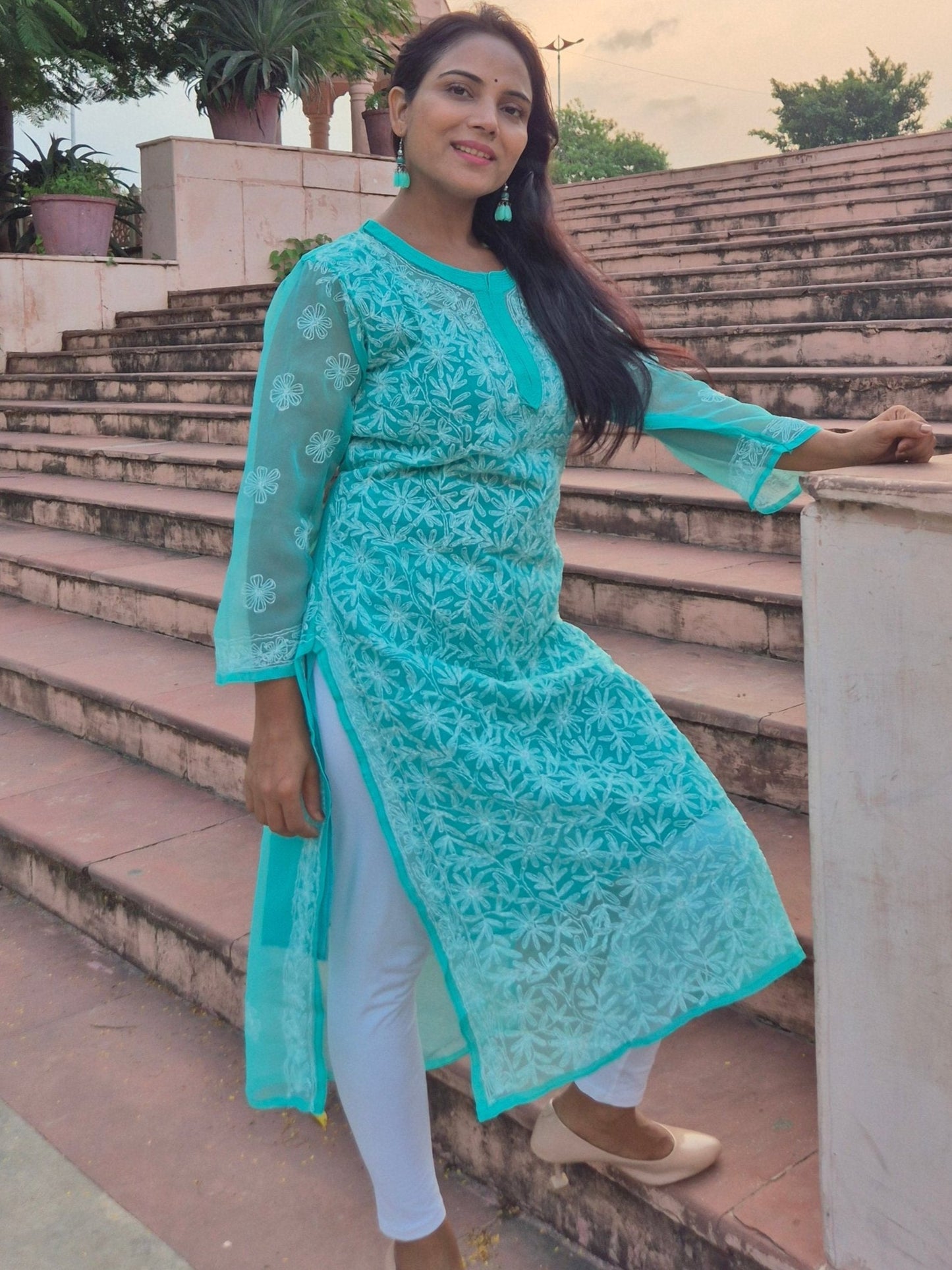 CHIKANKARI GEORGETTE LONG KURTI